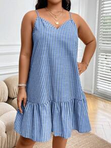 EMERY ROSE Plus Striped Print Ruffle Hem Cami Dress, Summer - Blue and White - View 5