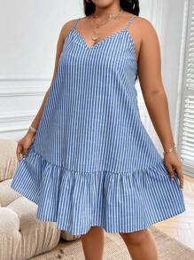 EMERY ROSE Plus Striped Print Ruffle Hem Cami Dress, Summer - Blue and White - View 6
