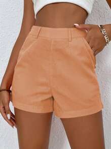 SHEIN VCAY 高腰斜口袋短褲 - 橘色 - 查看 1