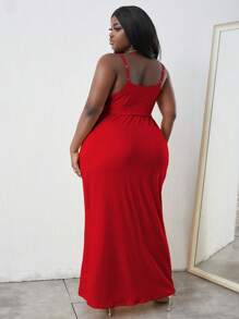 Maweii Đầm Plus Size Thắt lưng Thắt nơ trước màu trơn Giải trí - Đỏ - Xem 2