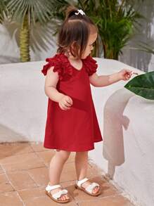 SHEIN Leap Crew Baby Girl Casual And Comfortable Cover Cap-Sleeved Dress, Suitable For Spring And Summer - Red - View 3