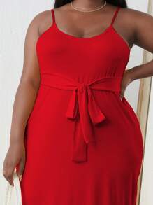 Maweii Đầm Plus Size Thắt lưng Thắt nơ trước màu trơn Giải trí - Đỏ - Xem 3