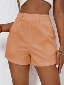 SHEIN VCAY 高腰斜口袋短褲 - 橘色 - 查看 3