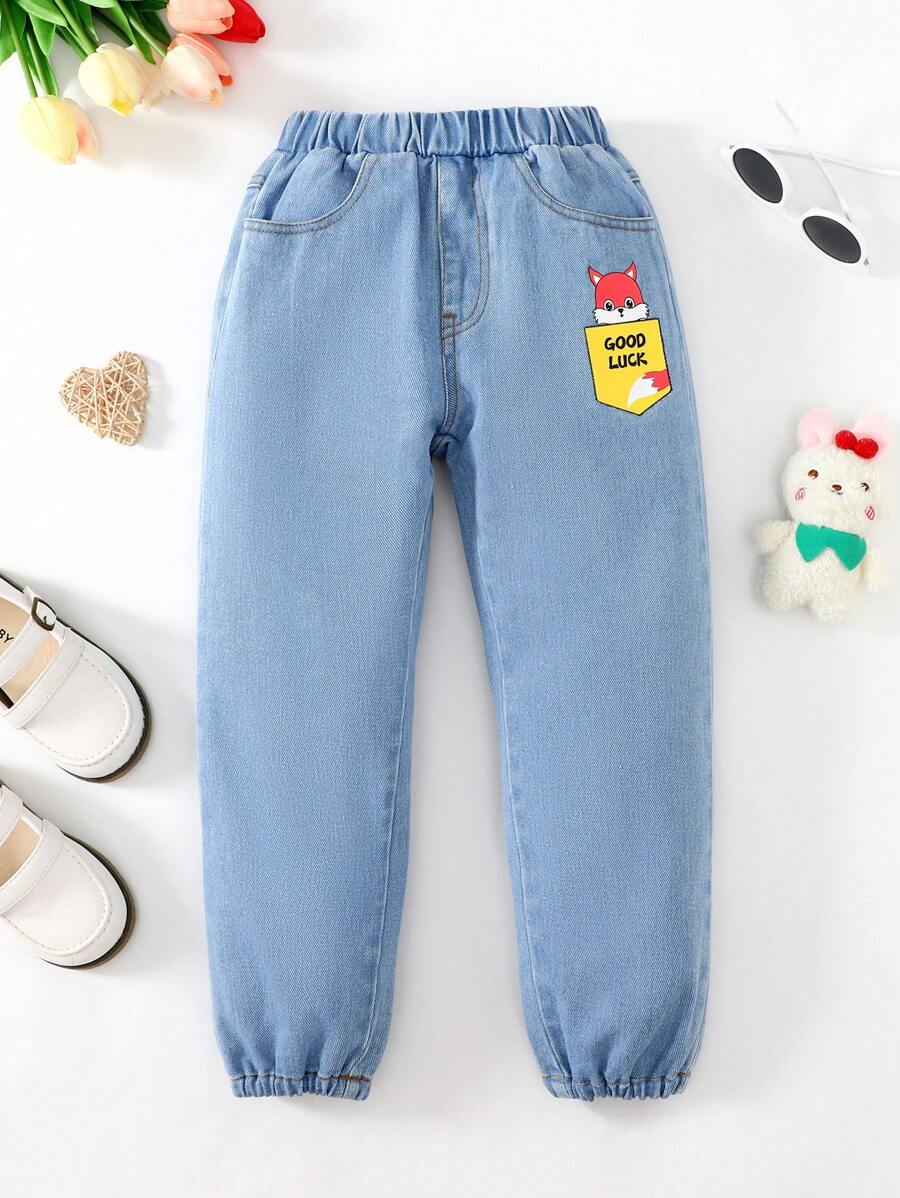 小男童標語圖案束腳牛仔褲 - 淺色水洗藍 - 查看 1