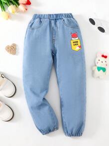 小男童標語圖案束腳牛仔褲 - 淺色水洗藍 - 查看 3