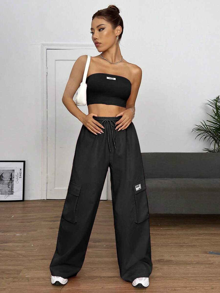 SHEIN EZwear Bộ đồ hai mảnh nữ Dây kéo Đắp vá Túi Lá thư Giải trí - màu đen - Xem 1
