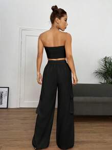SHEIN EZwear Bộ đồ hai mảnh nữ Dây kéo Đắp vá Túi Lá thư Giải trí - màu đen - Xem 2