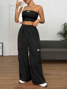 SHEIN EZwear Bộ đồ hai mảnh nữ Dây kéo Đắp vá Túi Lá thư Giải trí - màu đen - Xem 3