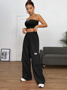 SHEIN EZwear Bộ đồ hai mảnh nữ Dây kéo Đắp vá Túi Lá thư Giải trí - màu đen - Xem 5