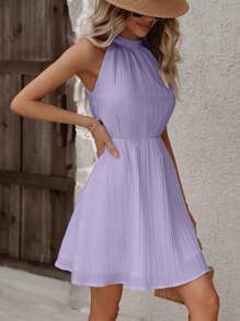 SHEIN VCAY Đầm Nút màu trơn Giải trí - Màu Lilac Tím - Xem 5