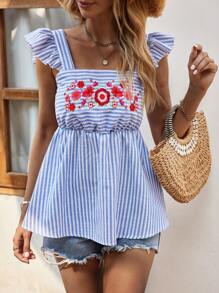 Breezaya Áo sơ mi nữ Xù Thêu Viên lá sen Hoa Sọc Boho - Xanh và trắng - Xem 1