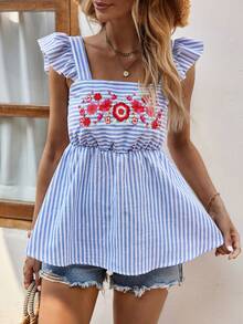 Breezaya Áo sơ mi nữ Xù Thêu Viên lá sen Hoa Sọc Boho - Xanh và trắng - Xem 3