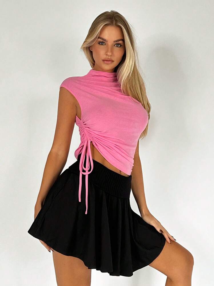 SHEIN MOD Drawstring Side Mock Neck Crop Tee - Pink - View 3