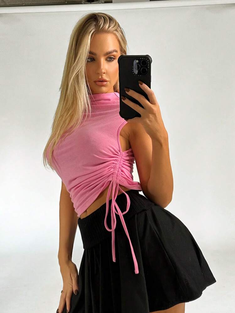 SHEIN MOD Drawstring Side Mock Neck Crop Tee - Pink - View 5