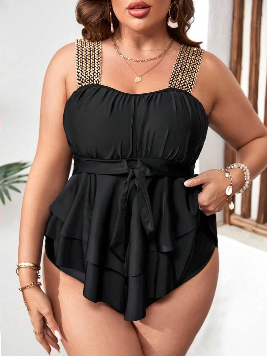 SHEIN Swim Curve Plus Size Stitch Detail Ruffle Hem Tankini Summer Beach - Black - View 1