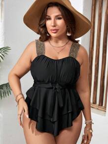 SHEIN Swim Curve Plus Size Stitch Detail Ruffle Hem Tankini Summer Beach - Black - View 4
