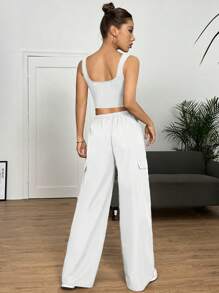 SHEIN EZwear 素色短款背心和翻蓋口袋工裝褲 - 白色 - 查看 2