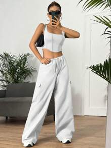 SHEIN EZwear 素色短款背心和翻蓋口袋工裝褲 - 白色 - 查看 6