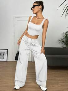 SHEIN EZwear 素色短款背心和翻蓋口袋工裝褲 - 白色 - 查看 7