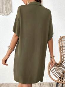 SHEIN VCAY 蝙蝠袖口袋貼布襯衫連衣裙 - 軍綠色 - 查看 2