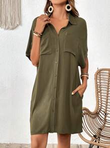 SHEIN VCAY 蝙蝠袖口袋貼布襯衫連衣裙 - 軍綠色 - 查看 3