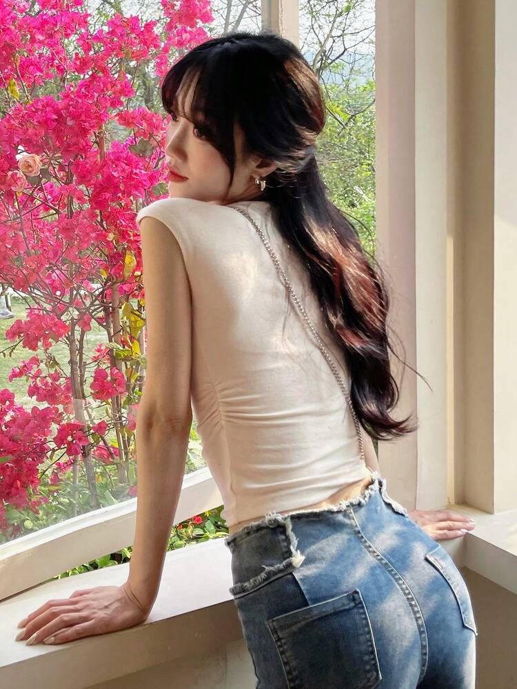 Solid Mock Neck Ruched Crop Tank Top - Apricot - View 2