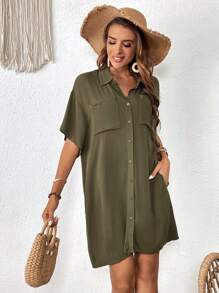 SHEIN VCAY 蝙蝠袖口袋貼布襯衫連衣裙 - 軍綠色 - 查看 5