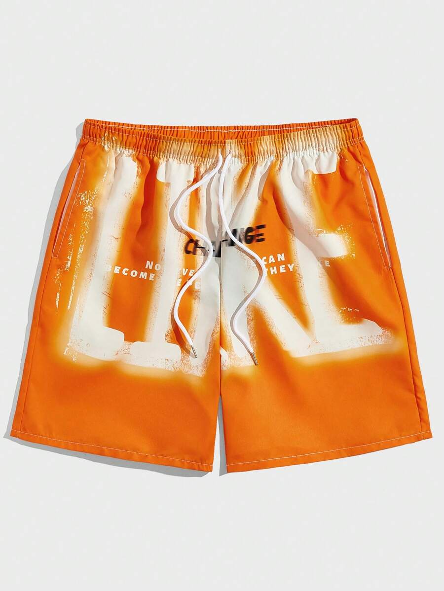 ROMWE MEN Street Life Các bạn Đồ họa Chữ cái Eo dây rút Quần short - trái cam - Xem 1
