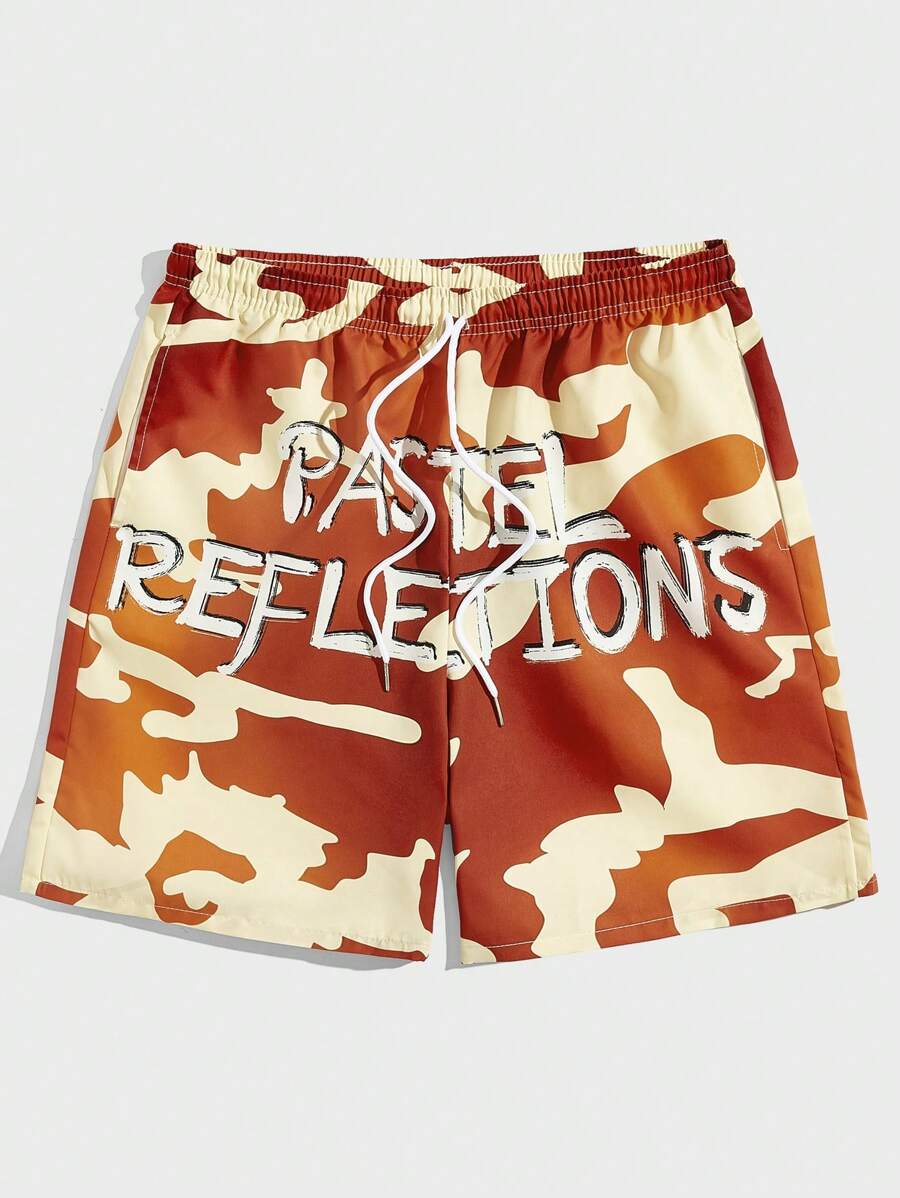 ROMWE MEN Street Life Guys Camo & Letter Graphic Drawstring Waist Shorts - Multicolor - View 1