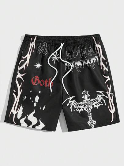 Goth Guys Fire & Letter Graphic Drawstring Waist Shorts