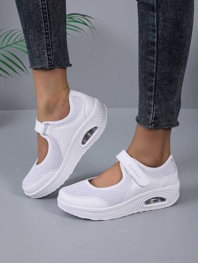 Vita sjuksköterskeskor för kvinnor, sommarmesh ihåliga Andas anti-lukt Tjockbottna gungskor, Slip-on sneakers, svart