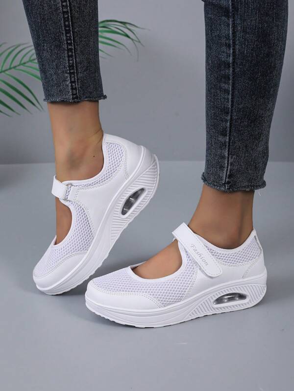 White Nurse Shoes For Women, Summer Mesh Hollow Breathable Anti-Odor Thick Bottom Rocking Shoes, Slip-On Sneakers, Black
