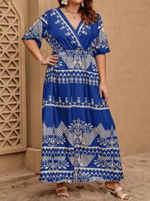 SHEIN LUNE Dress Ukuran Plus Membungkus Kesukuan Baroque Boho - Biru - View 5