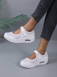 女士白色护士鞋，夏季网眼镂空透气防臭厚底摇摆鞋，一脚蹬运动鞋，黑色 - 白色 - 查看 2