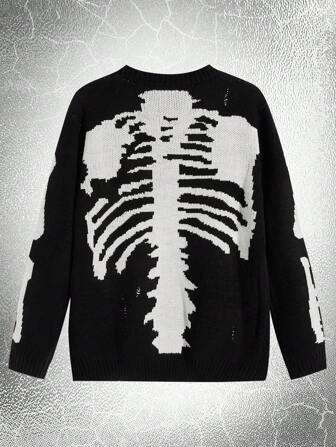 Goth Guys Skeleton Pattern Distressed Jumper