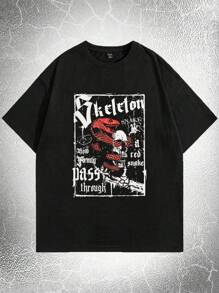 ROMWE MEN Goth Hombres Camiseta algodón con estampado de cráneo y letra - Negro - Ver 1