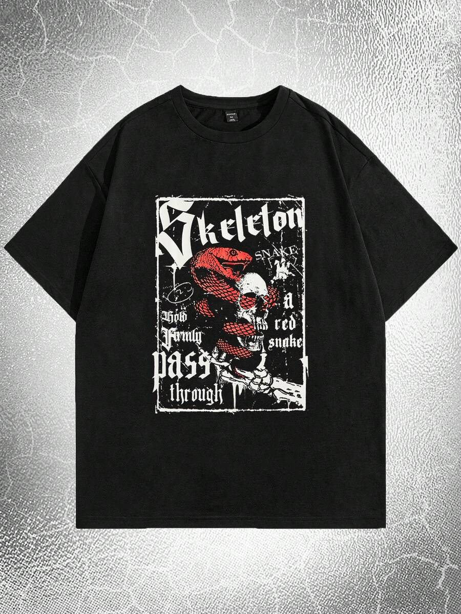 ROMWE MEN Goth Hombres Camiseta algodón con estampado de cráneo y letra - Negro - Ver 1