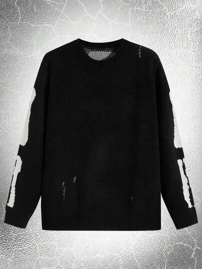 Goth Guys Skeleton Pattern Distressed Jumper