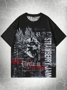 ROMWE MEN Goth Men Skull Wings Print Tee - Black - View 1