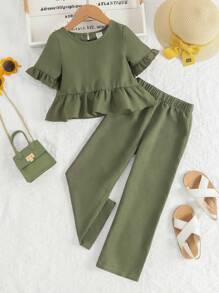 SHEIN Vintaside Kids 少女荷葉邊泡泡袖上衣和褲子 - 軍綠色 - 查看 6