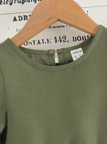 SHEIN Vintaside Kids 少女荷葉邊泡泡袖上衣和褲子 - 軍綠色 - 查看 5