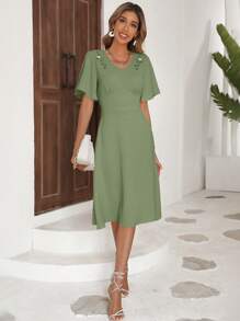 SHEIN LUNE 花卉刺繡蝴蝶袖A字連衣裙 - 綠色 - 查看 3