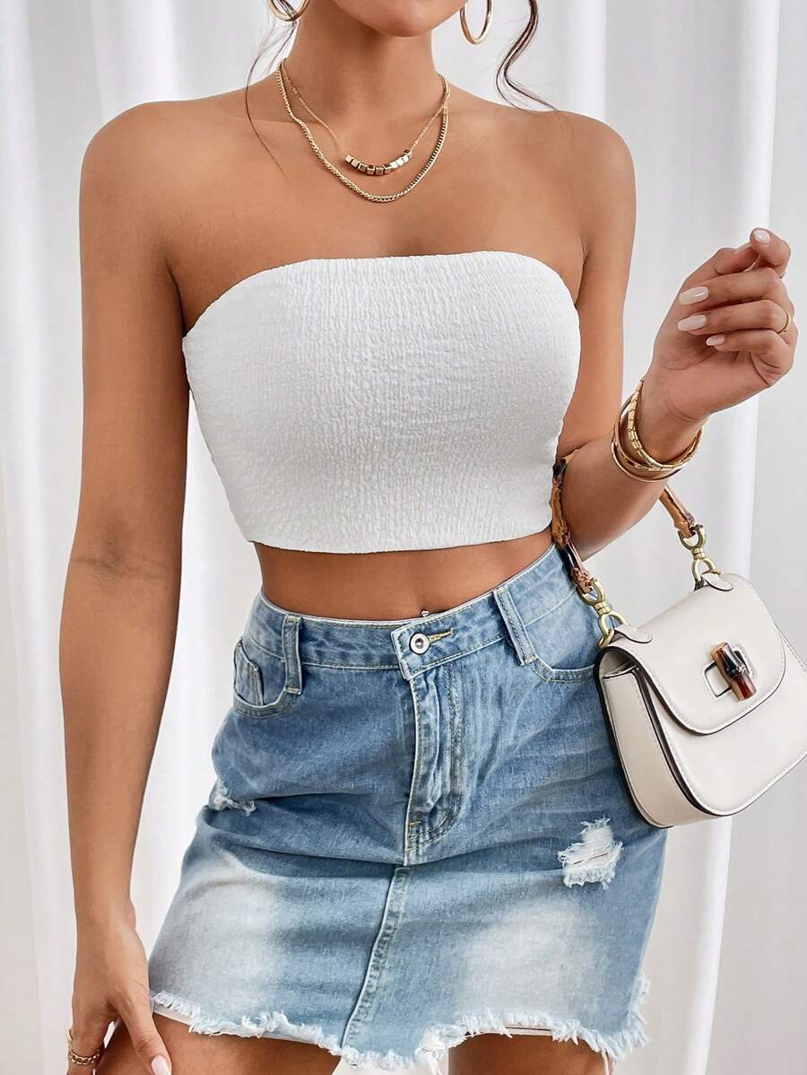 SHEIN Essnce 素色短款抹胸上衣 - 白色 - 查看 1