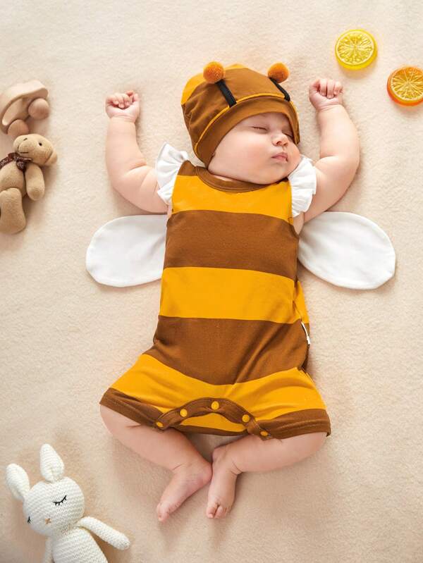 SHEIN Newborn Baby Bee Costume Romper & 3D Ear Design Hat SHEIN USA