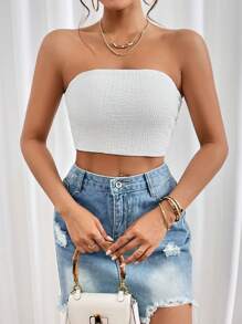 SHEIN Essnce 素色短款抹胸上衣 - 白色 - 查看 3