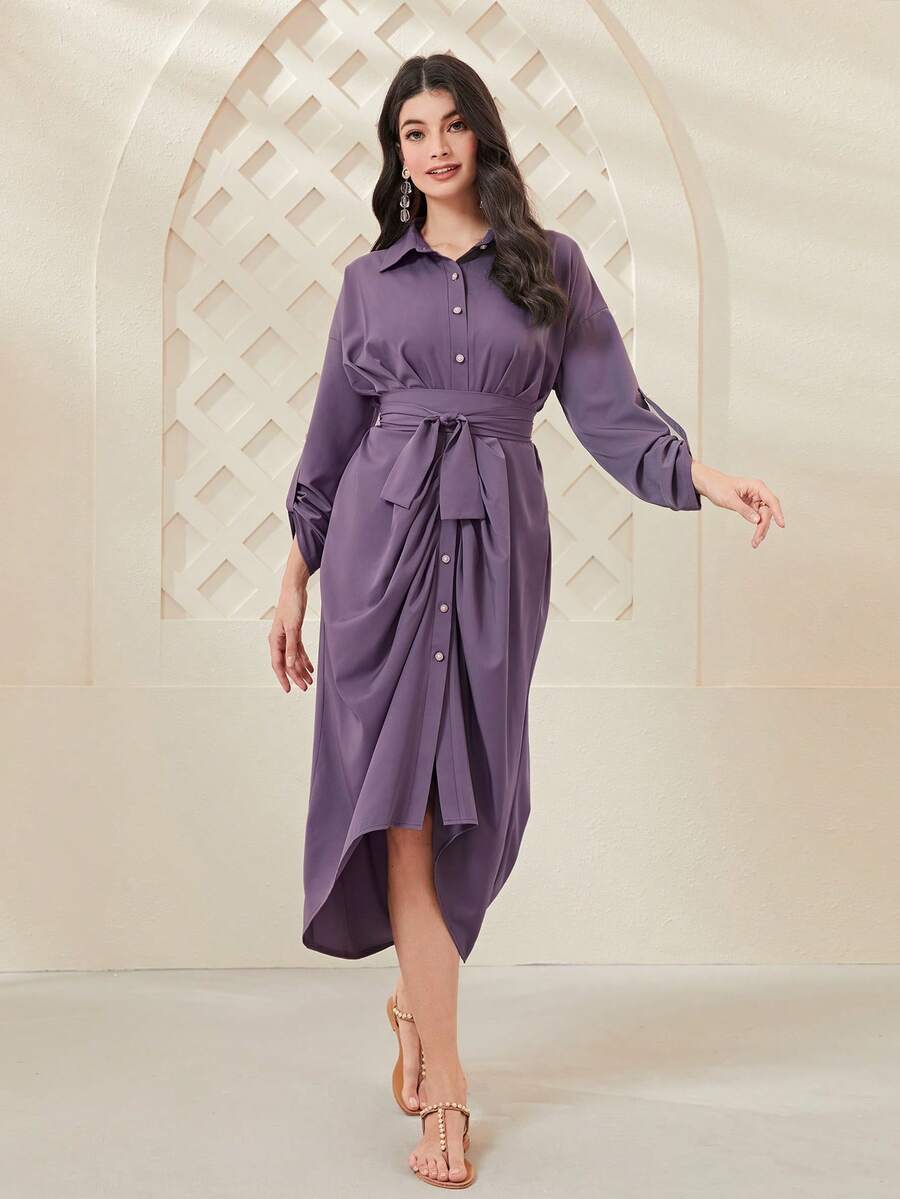 Modelyn Roll Up Sleeve Belted Shirt Dress - Purple - View 1
