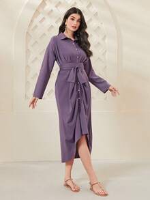 Modelyn Roll Up Sleeve Belted Shirt Dress - Purple - View 3