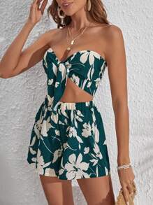 SHEIN VCAY Floral Print Knot Front Tube Top & Shorts - Dark Green - View 4