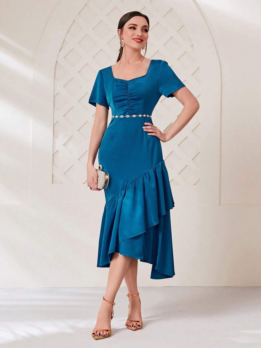 Modelyn Sweetheart Neck Ruched Ruffle Hem Dress Without Belt - Blue - View 1