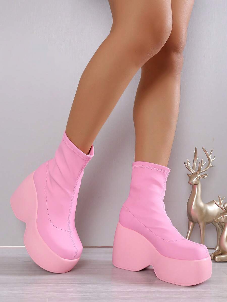 Giày bốt đế xuồng tối giản cho nữ, bốt thời trang màu hồng - Hồng - Xem 1